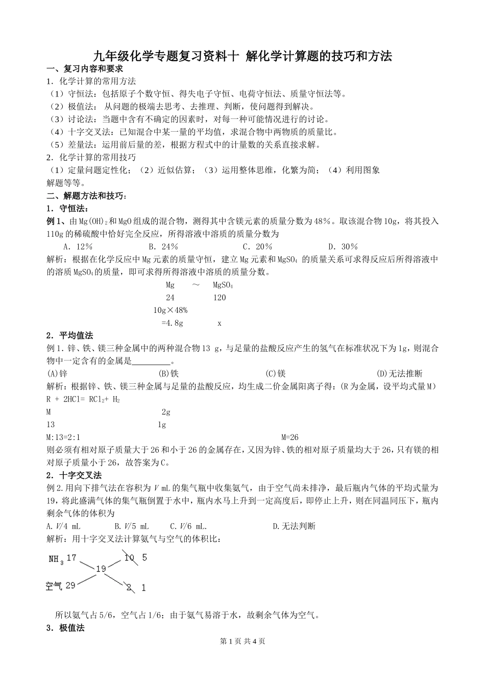 九年级化学专题复习资料十解化学计算题的技巧和方法_第1页