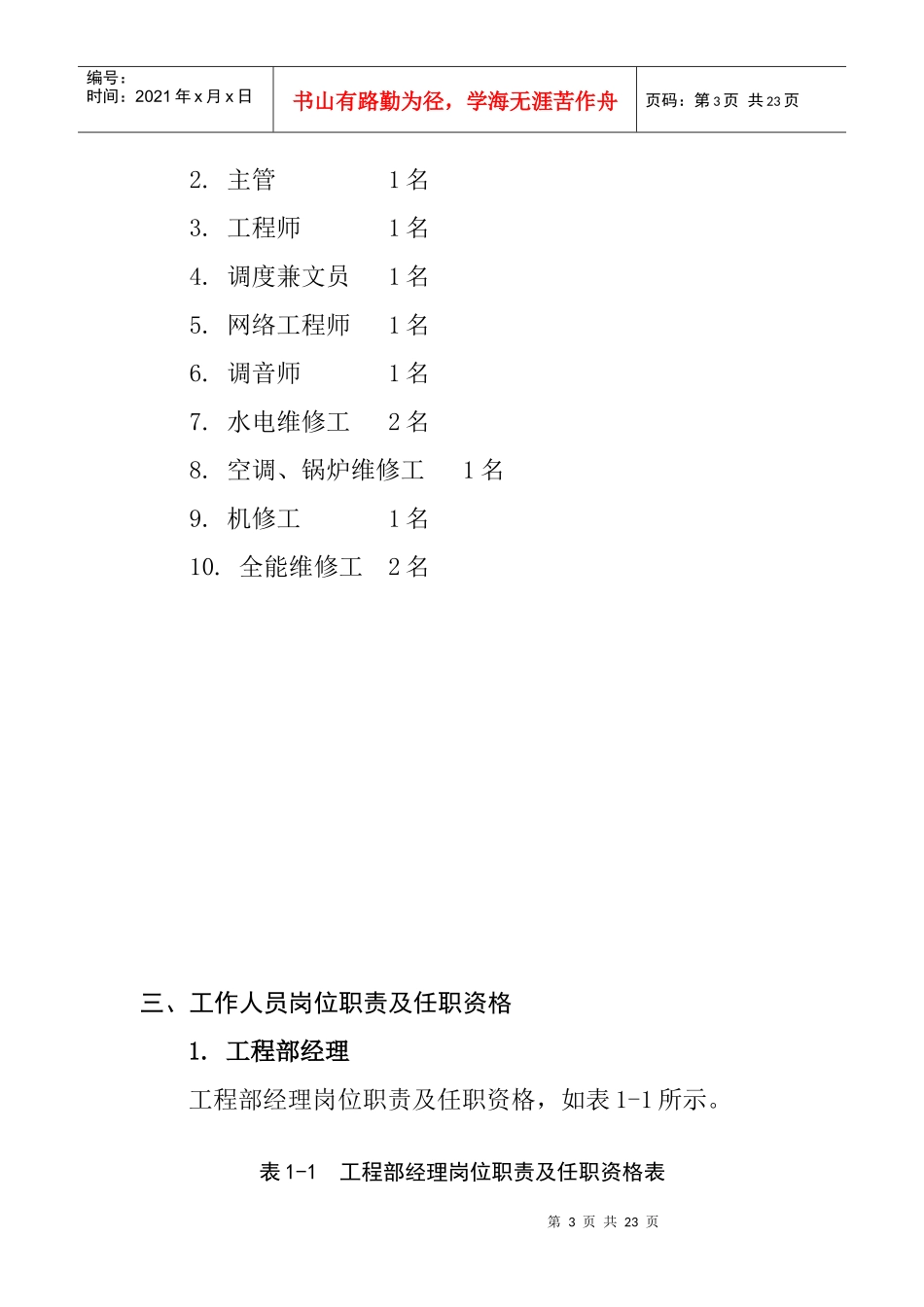 工程部岗位设置与人员编制方案_第3页