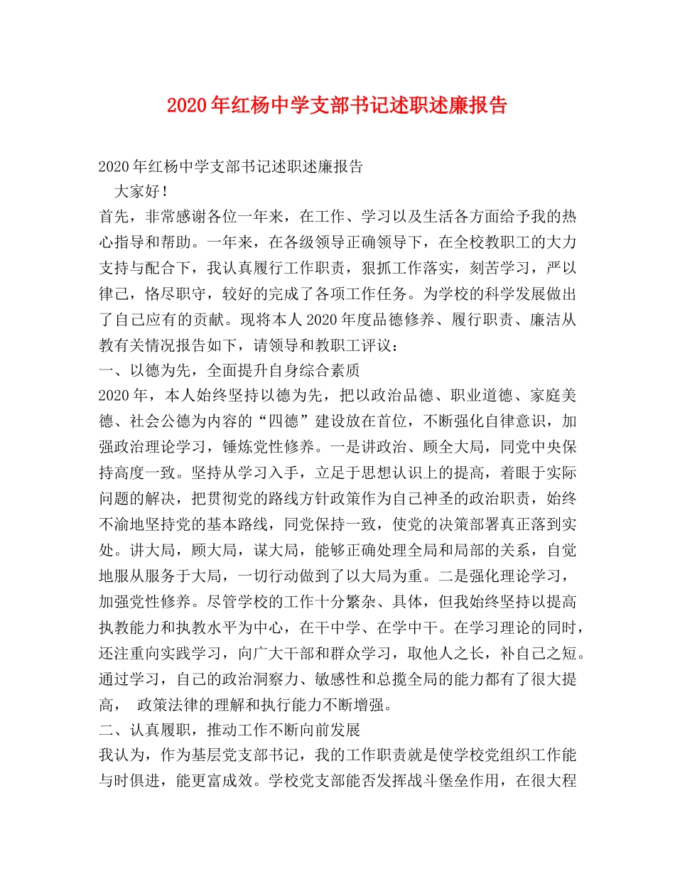 2024年红杨中学支部书记述职述廉报告 _第1页
