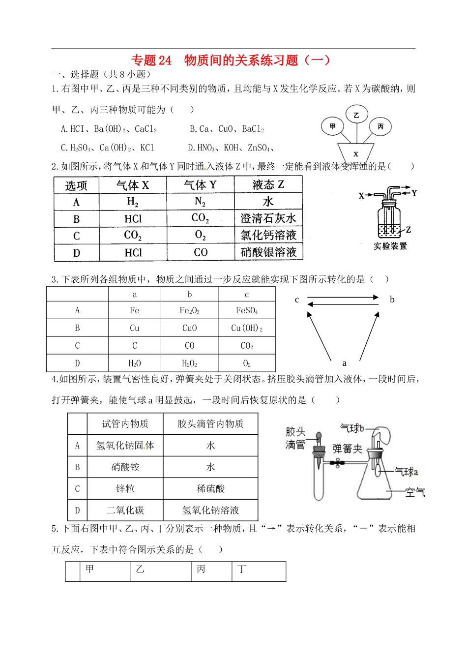 湖北省孝感市孝南区肖港镇肖港初级中学中考化学专题24物质间的关系练习无答案_第1页