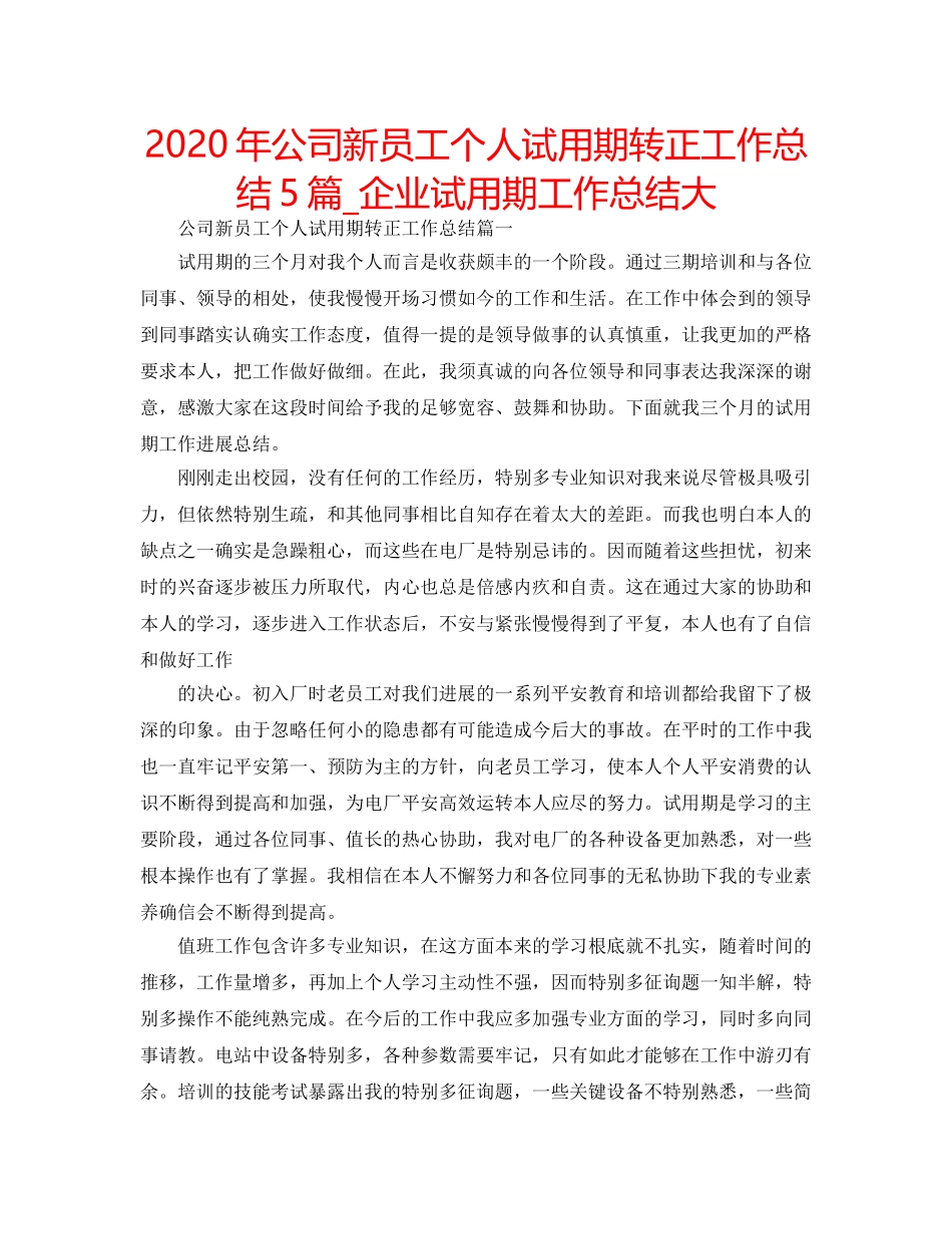 2024年公司新员工个人试用期转正工作总结5篇_企业试用期工作总结大 _第1页
