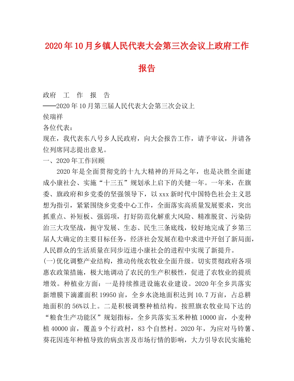 2024年10月乡镇人民代表大会第三次会议上政府工作报告 _第1页