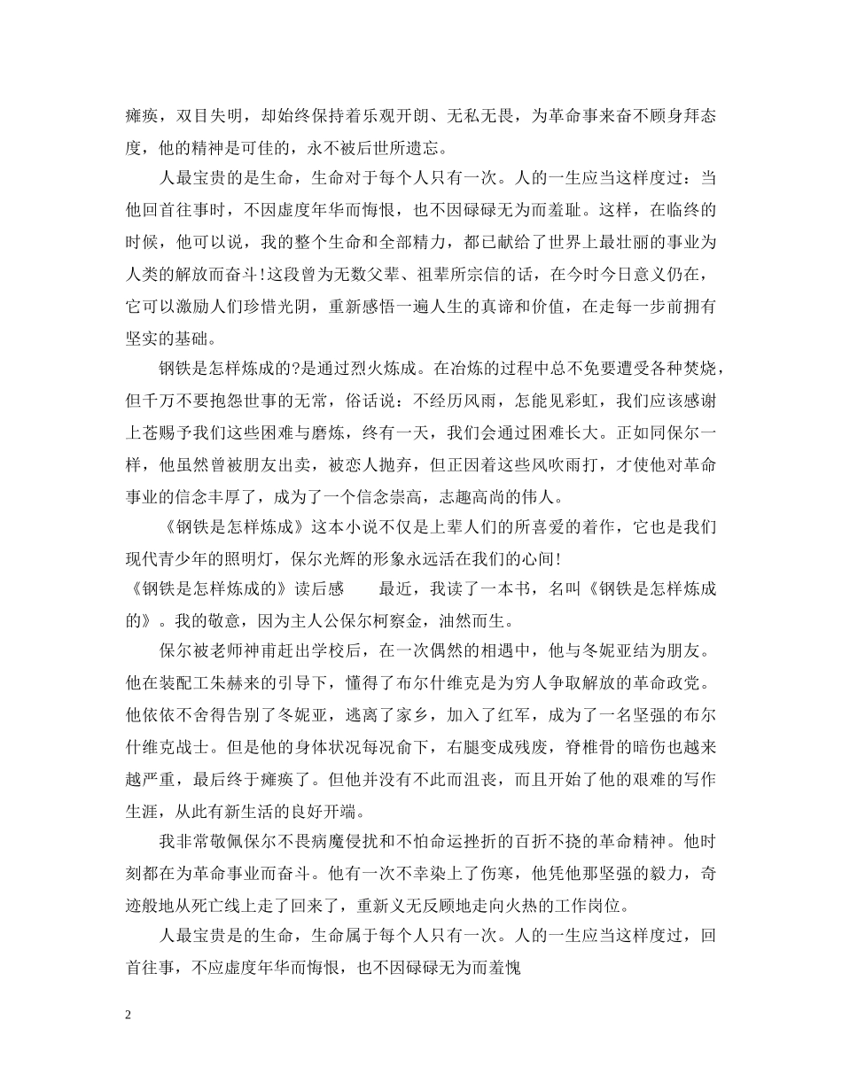 《钢铁是怎样炼成的》读书心得体会范文 _第2页