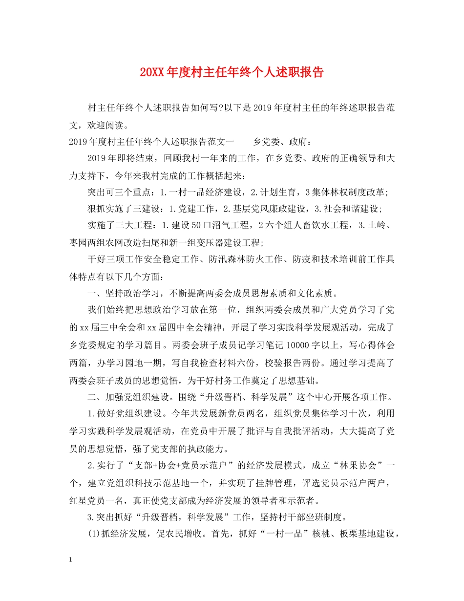 20XX年度村主任年终个人述职报告 _第1页