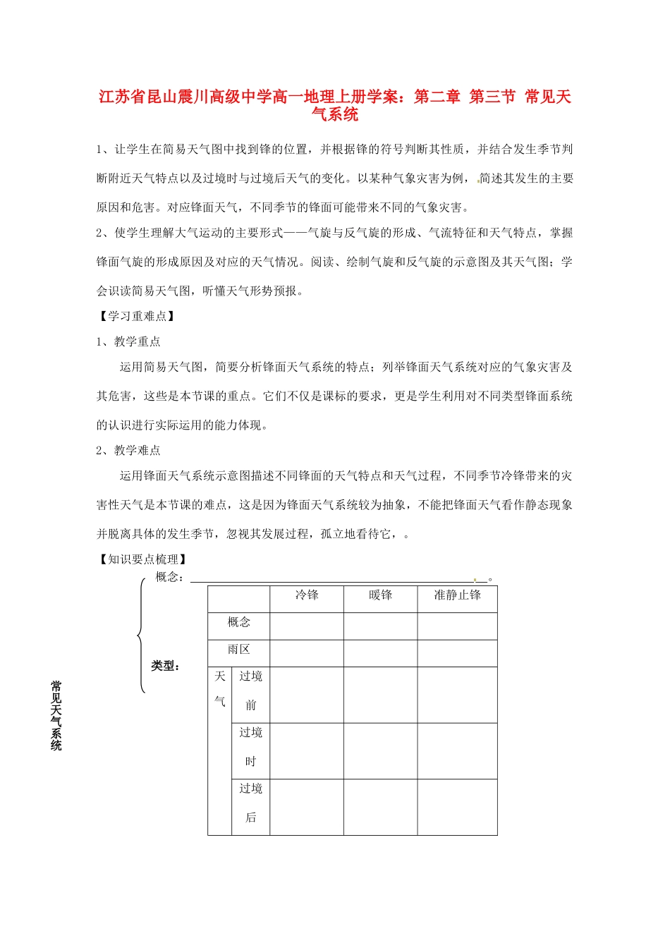 江苏省昆山震川高级中学高一地理上册 第二章 第三节 常见天气系统学案_第1页