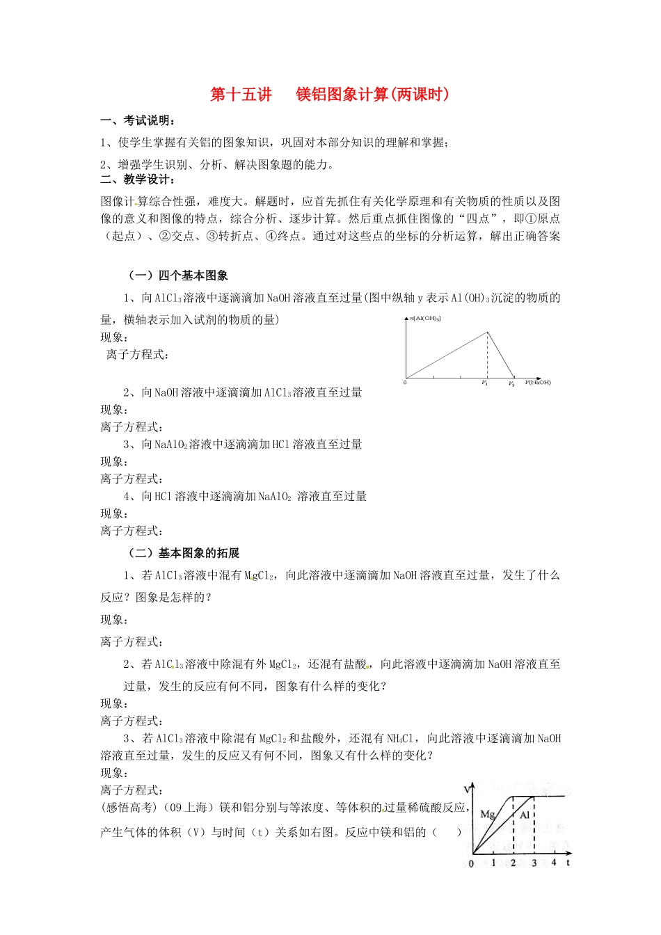 江苏省淮安中学高三化学一轮复习 第十五讲 镁铝图象计算学案+课时作业_第1页