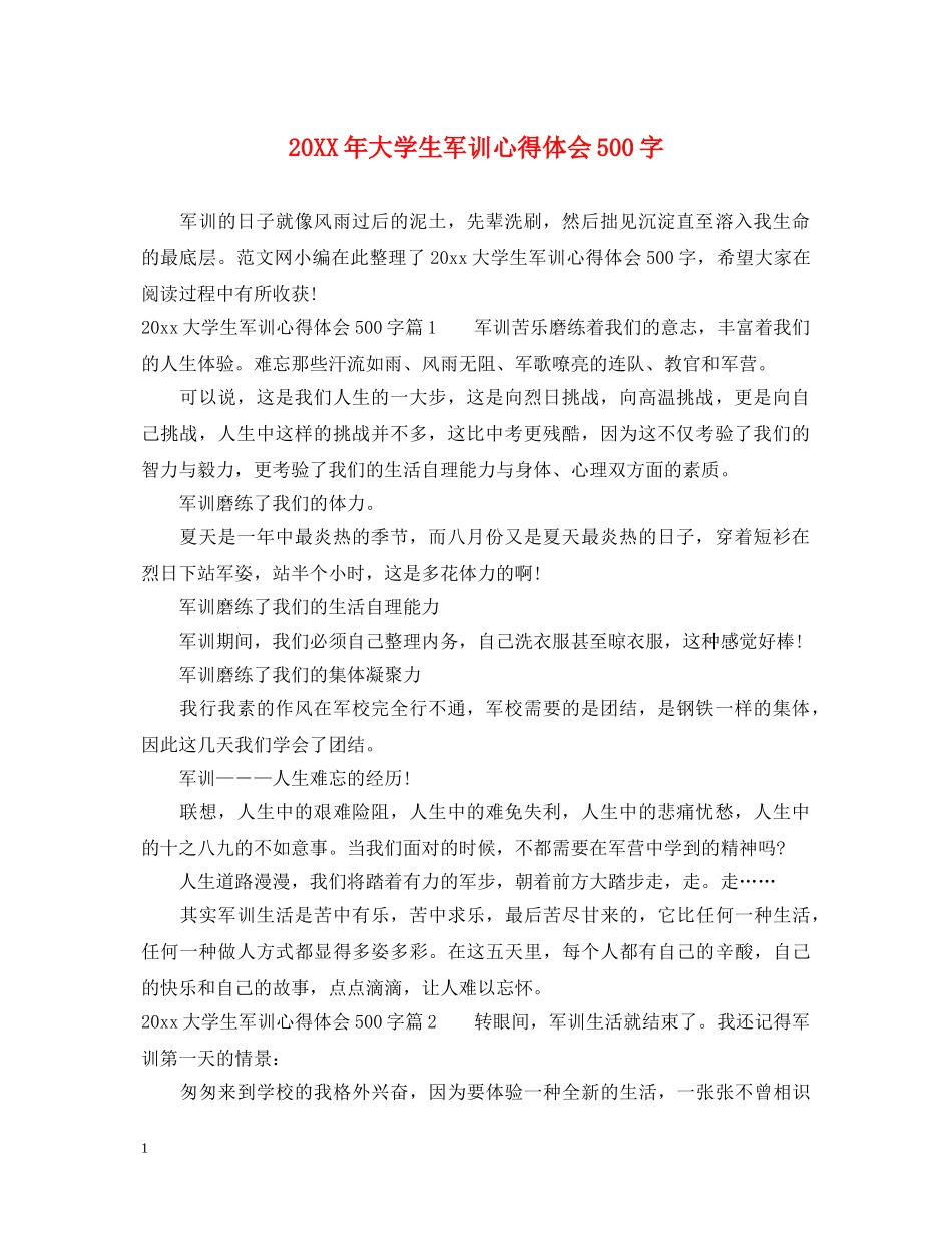 20XX年大学生军训心得体会500字 _第1页