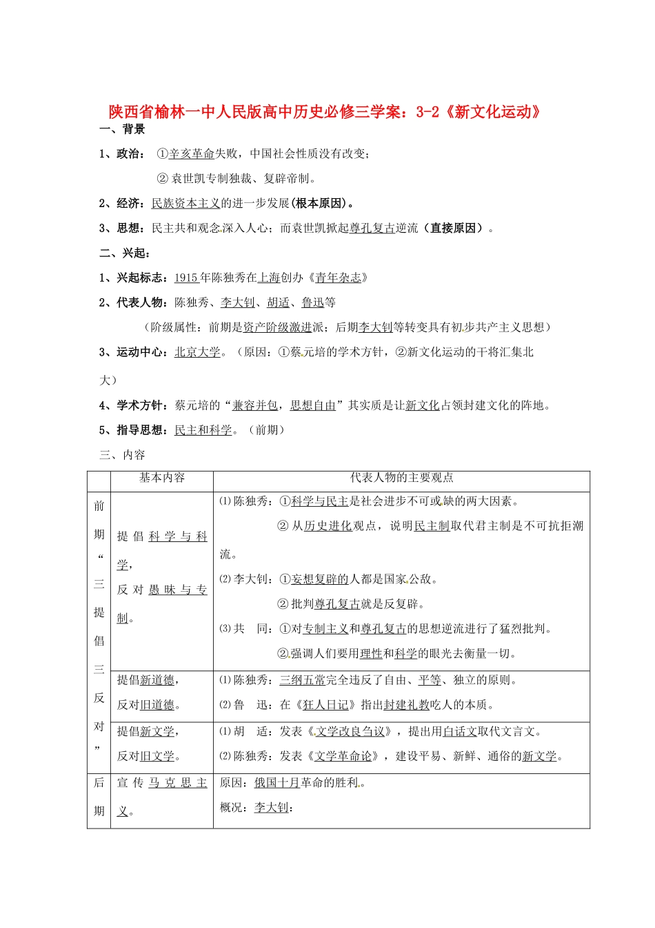 陕西省榆林一中高中历史 3-2《新文化运动》学案 人民版必修3_第1页