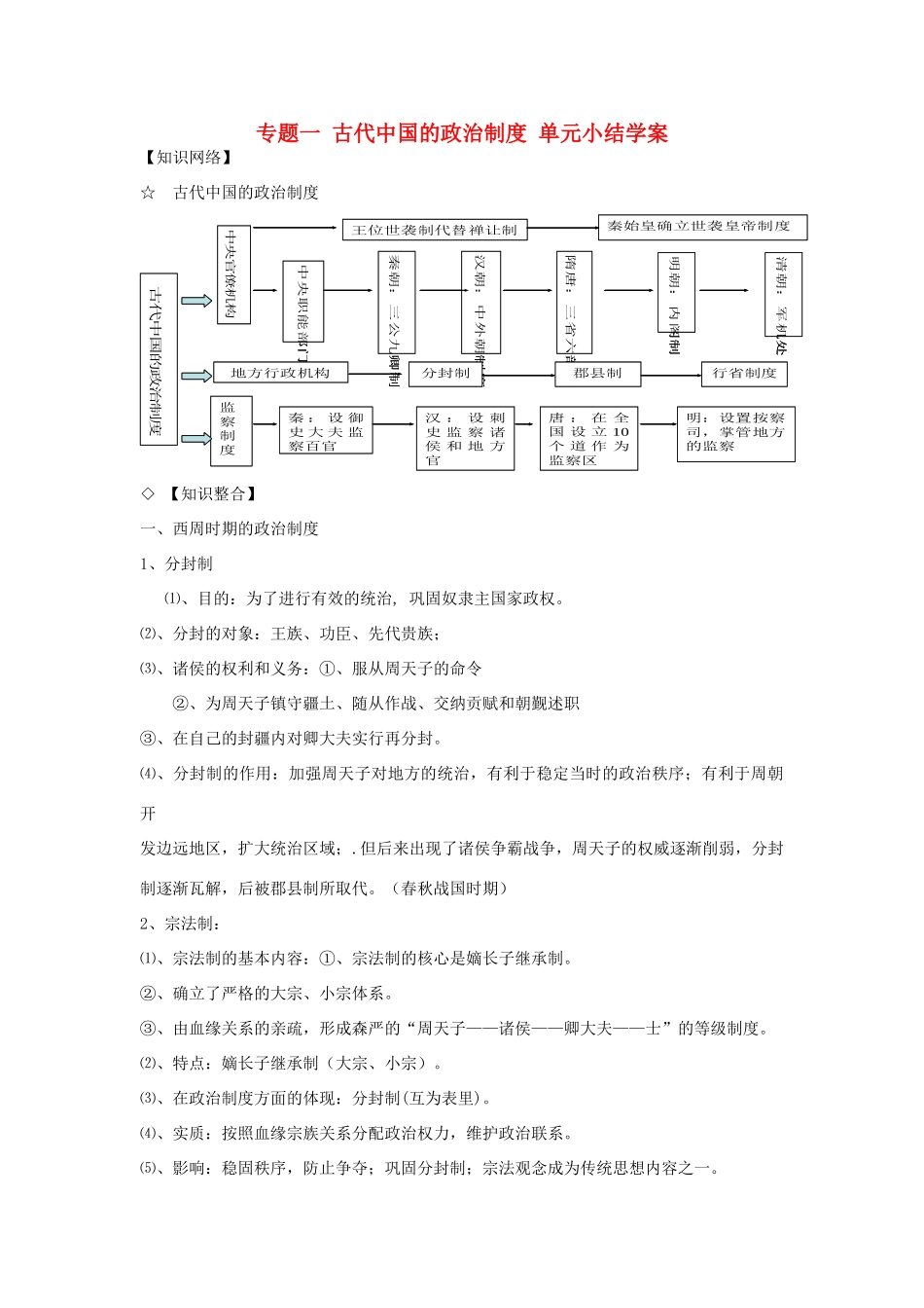 高中历史 专题一 古代中国的政治制度 单元小结学案 人民版必修1-人民版高一必修1历史学案_第1页