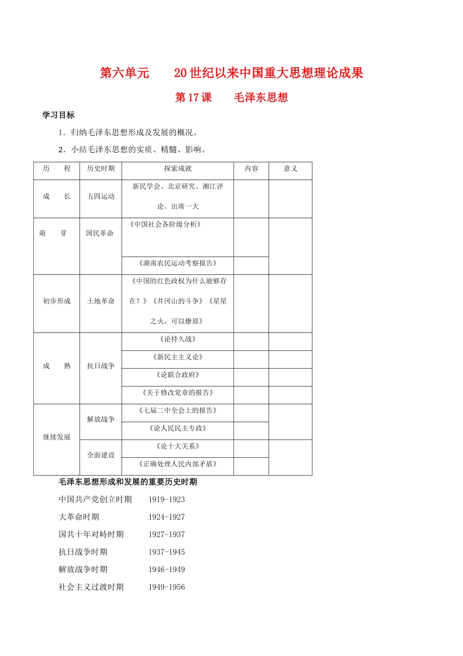 高中历史：6.17《毛泽东思想》学案（1）新人教版必修3_第1页
