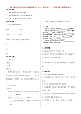 河北省沧州市颐和中学高中化学 2-1-1共价键（1）学案 新人教版必修3