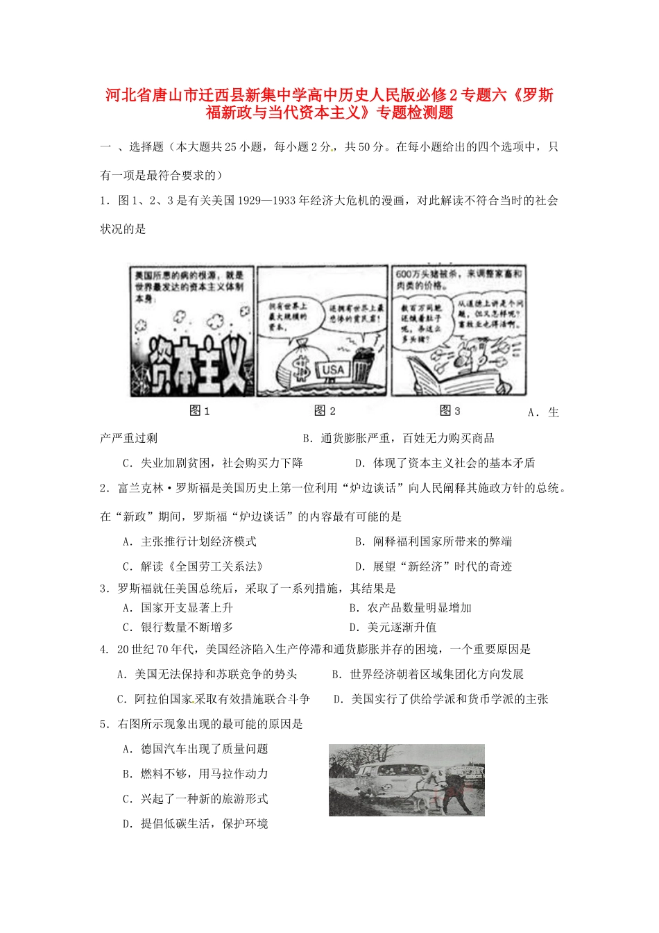 河北省唐山市迁西县新集中学高中历史 专题六《罗斯福新政与当代资本主义》专题检测题 人民版必修2_第1页