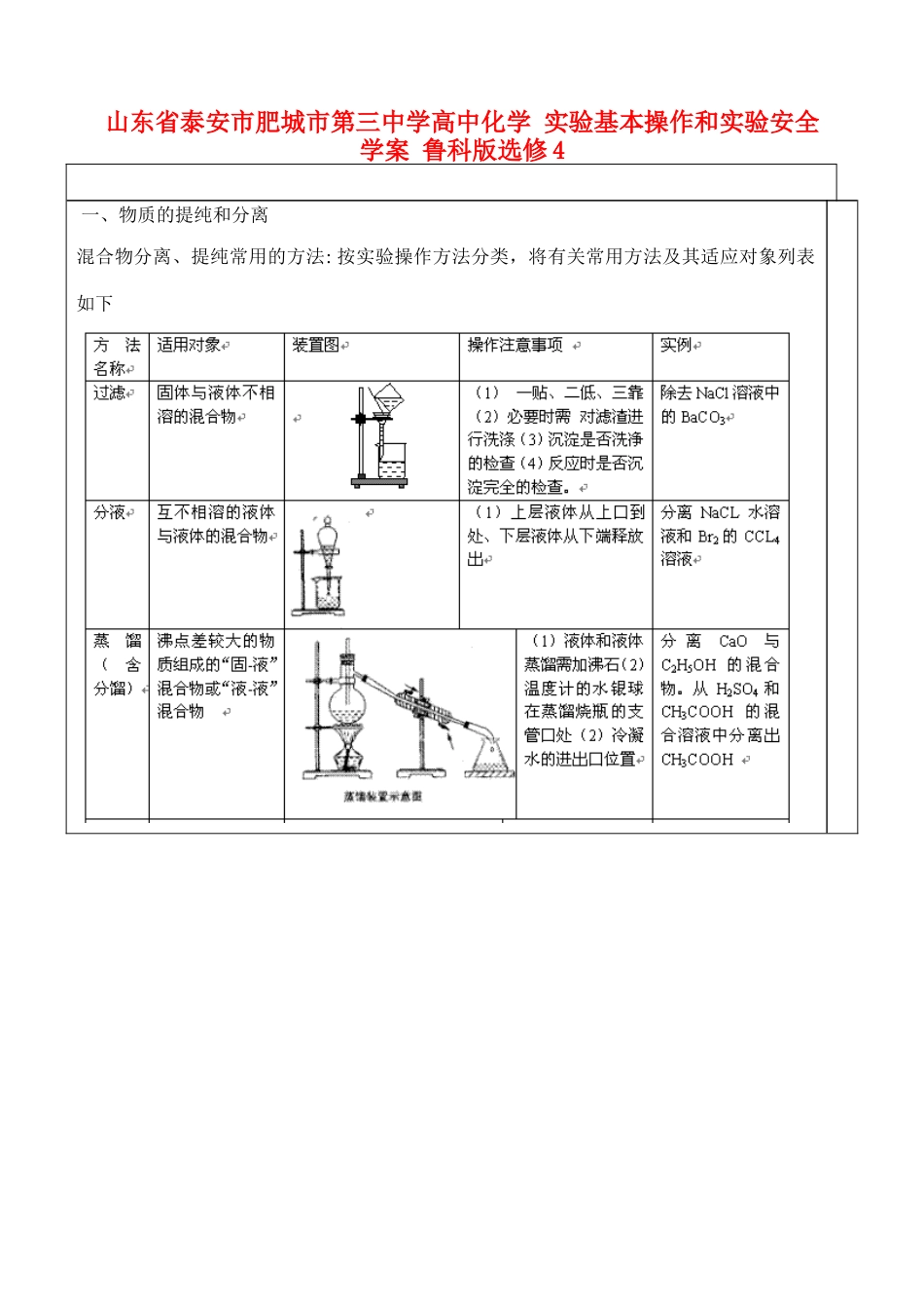 山东省泰安市肥城市第三中学高中化学 实验基本操作和实验安全学案 鲁科版选修4_第1页