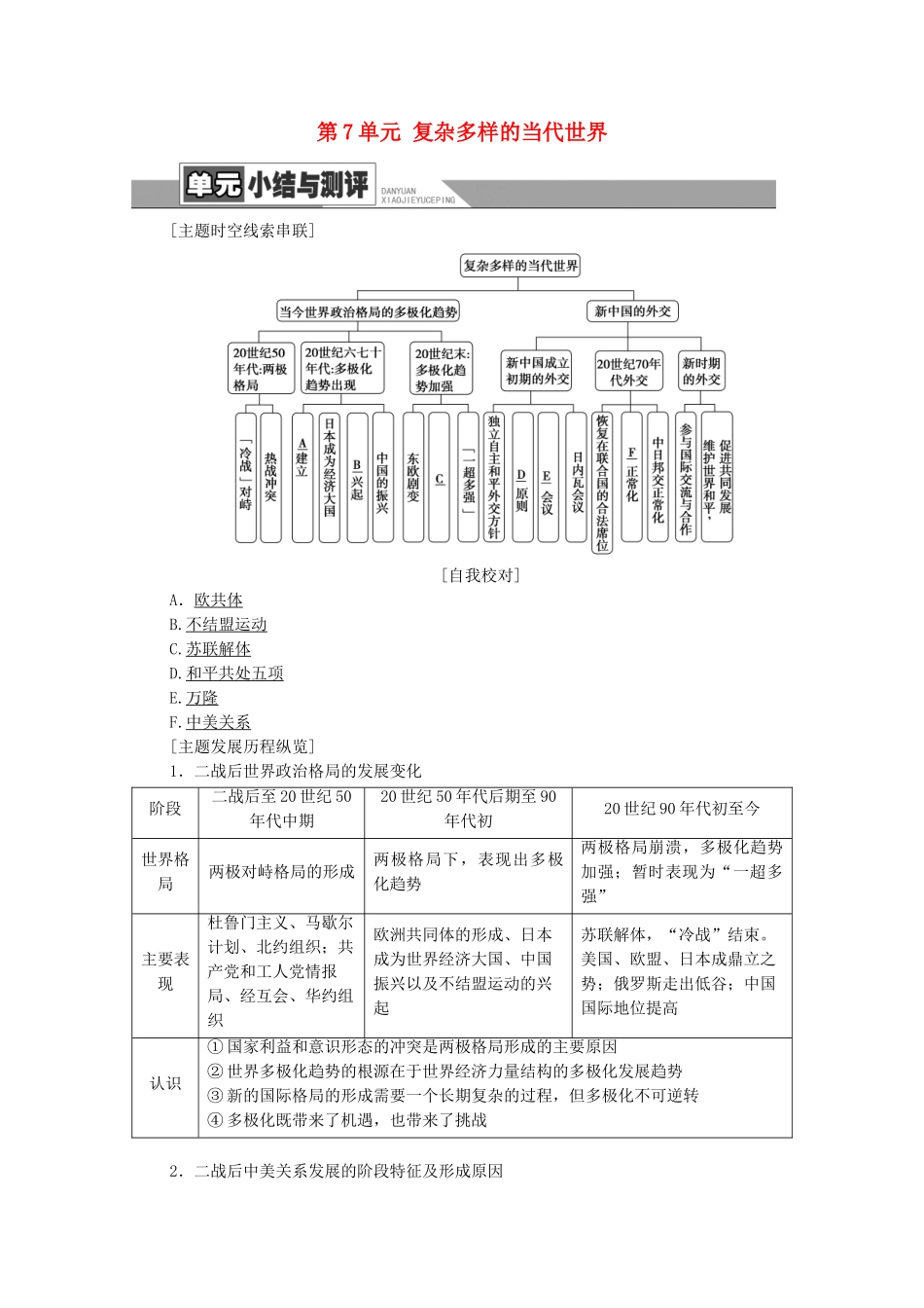 高中历史 第7单元 复杂多样的当代世界单元小结与测评学案 岳麓版必修1-岳麓版高一必修1历史学案_第1页