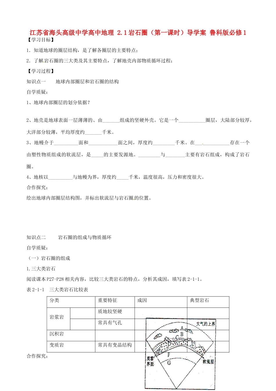 江苏省海头高级中学高中地理 2.1岩石圈（第一课时）导学案 鲁科版必修1_第1页