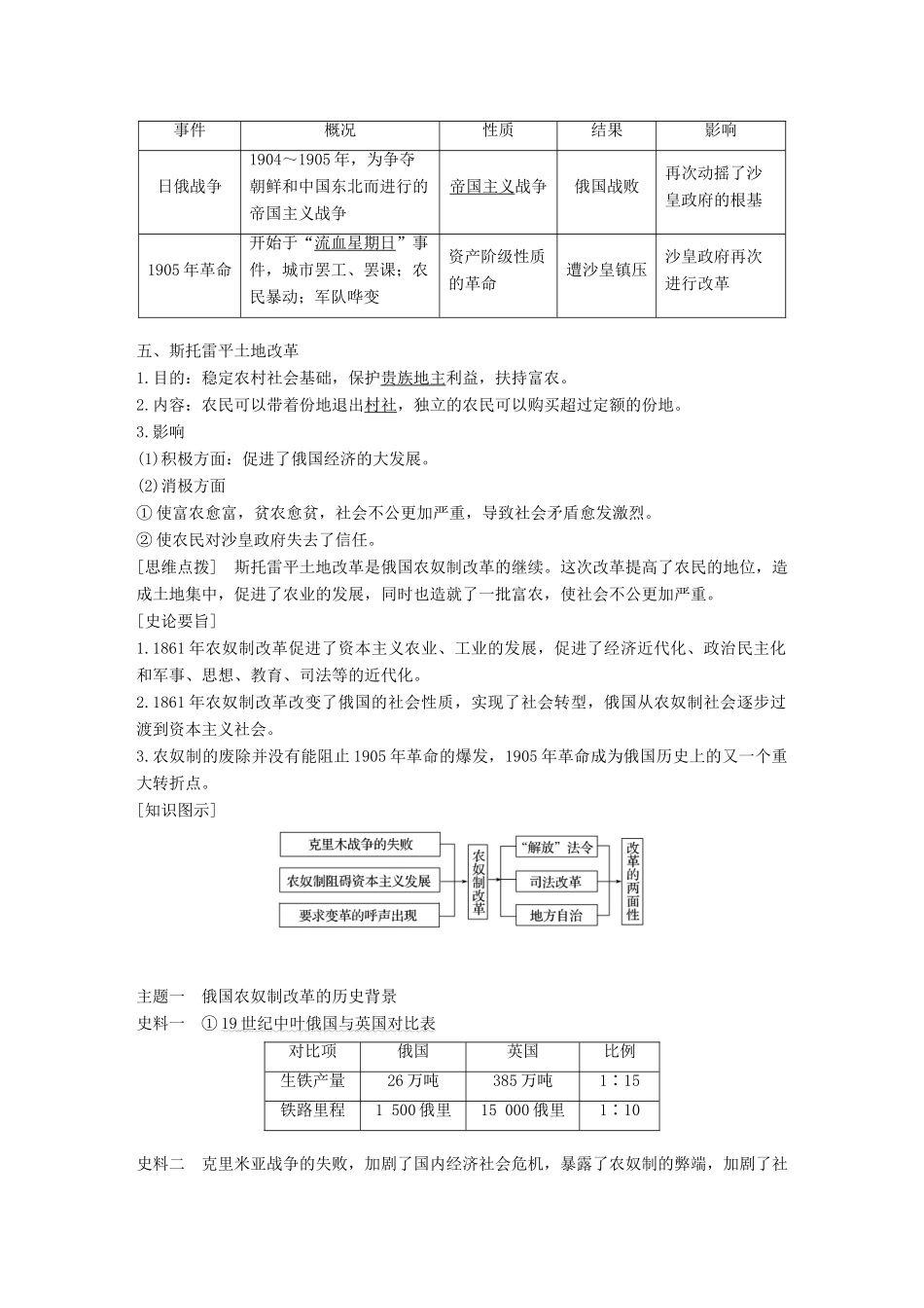 高中历史 第四单元 工业文明冲击下的改革 12 俄国农奴制改革学案 岳麓版选修1-岳麓版高二选修1历史学案_第3页