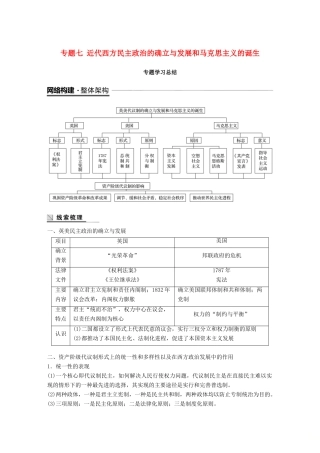 高中历史 专题七 近代西方民主政治的确立与发展和马克思主义的诞生专题学习总结学案 人民版必修1-人民版高一必修1历史学案
