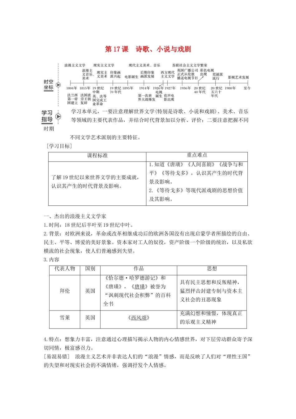 高中历史 第四单元 19世纪以来的世界文化 第17课 诗歌、小说与戏剧学案 岳麓版必修3-岳麓版高一必修3历史学案_第1页