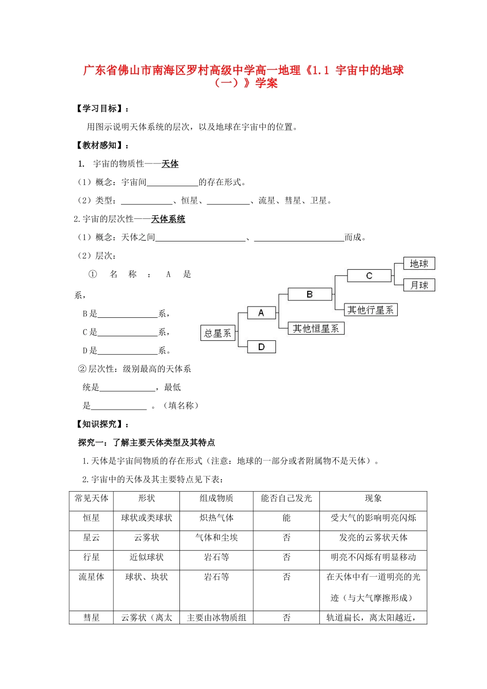 广东省佛山市南海区罗村高级中学高一地理《1.1 宇宙中的地球（一）》学案_第1页