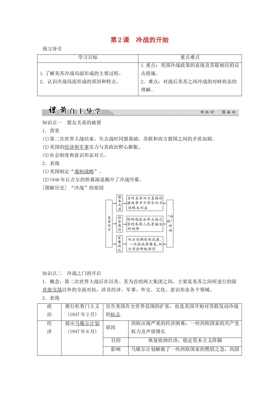 高中历史 第四单元 雅尔塔体系下的冷战与和平 4-2 冷战的开始学案 新人教版选修3-新人教版高二选修3历史学案_第1页
