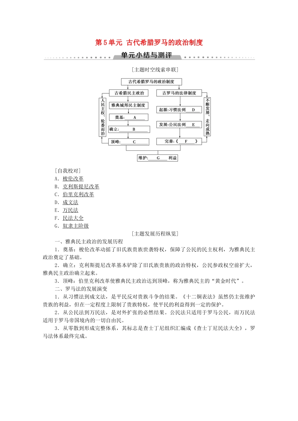 高中历史 第5单元 古代希腊罗马的政治制度单元小结与测评学案 北师大版必修1-北师大版高一必修1历史学案_第1页