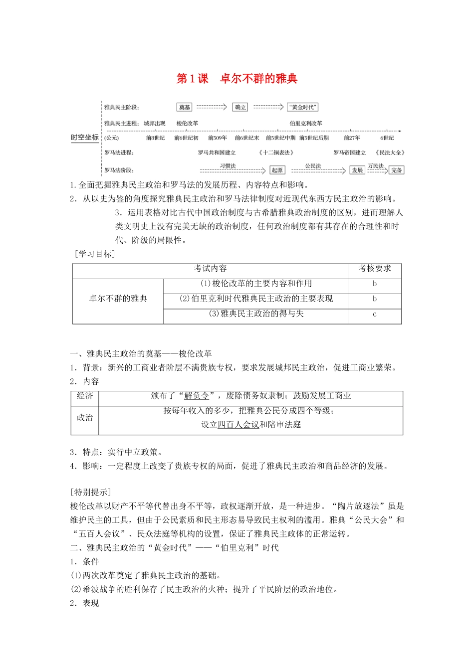 高中历史 专题六 古代希腊、罗马的政治文明 第1课 卓尔不群的雅典学案 人民版必修1-人民版高一必修1历史学案_第1页