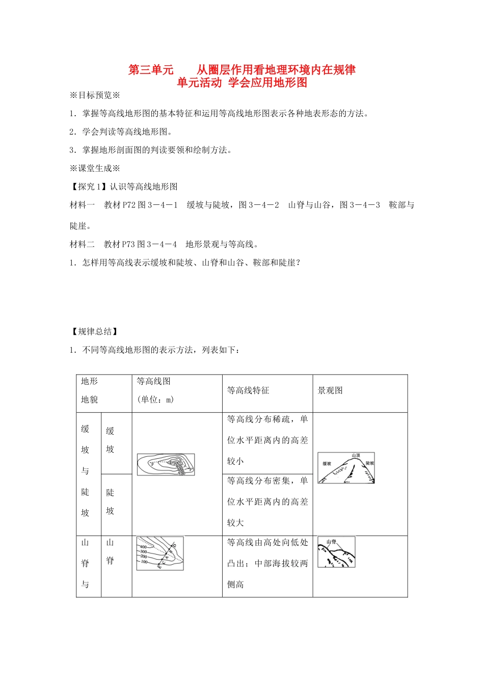 江苏省淮安市新马高级中学高中地理 第三单元单元活动 学会应用地形图教学案 新人教版必修1_第1页
