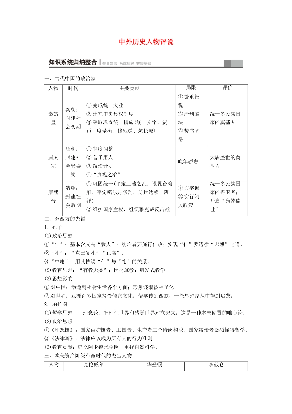海南省高考历史一轮总复习 选考部分 中外历史人物评说学案-人教版高三全册历史学案_第1页
