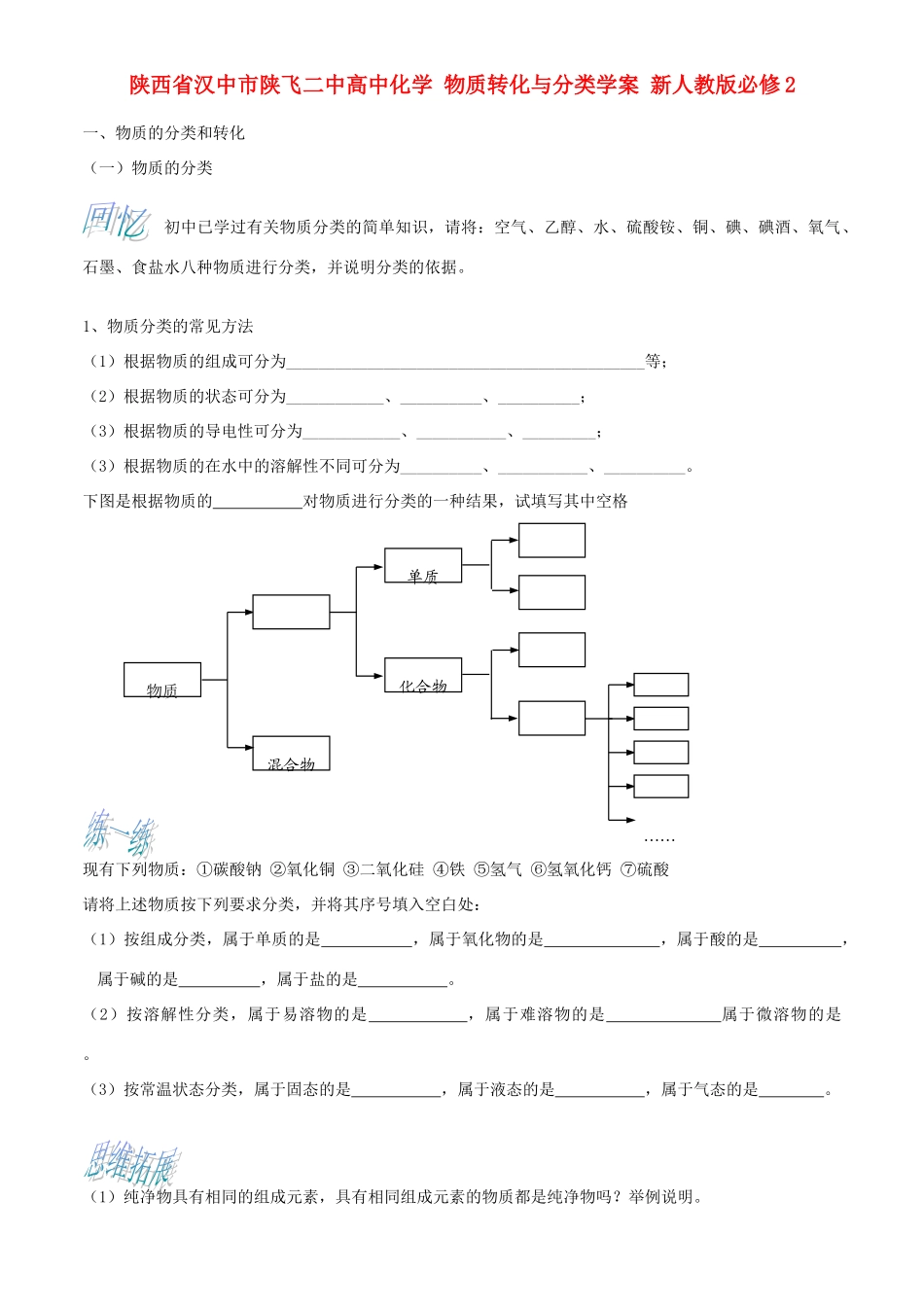 陕西省汉中市陕飞二中高中化学 物质转化与分类学案 新人教版必修2_第1页