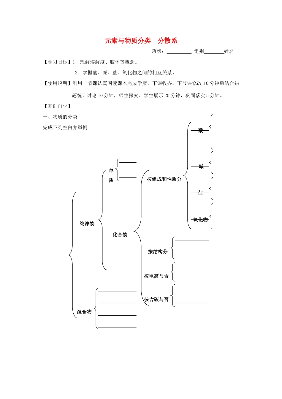 山东省昌乐二中高三化学一轮复习《元素与物质分类 分散系》学案-人教版高三全册化学学案_第1页