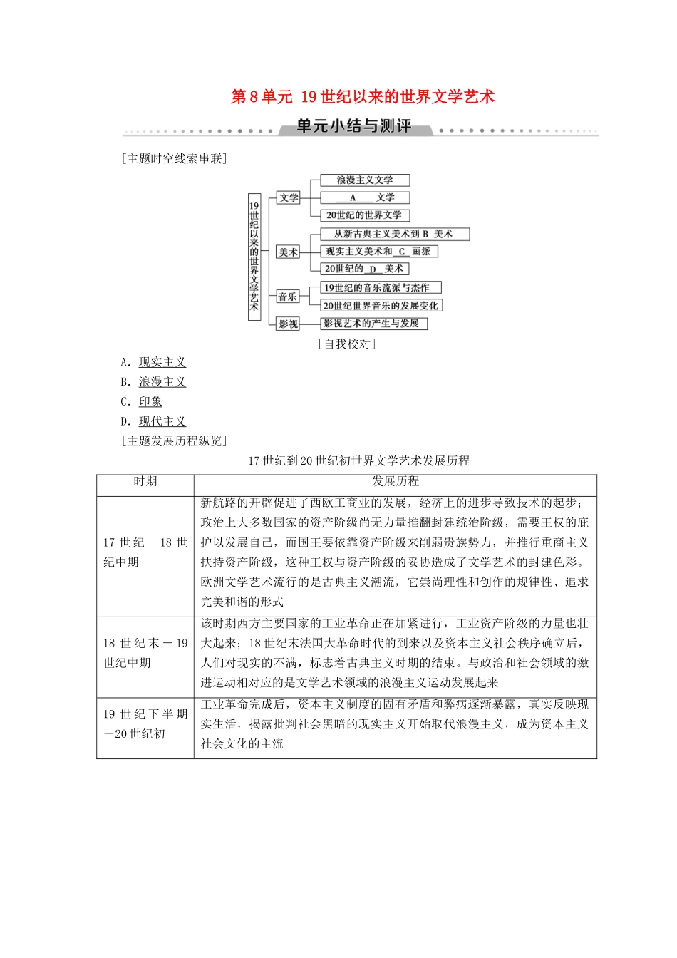 高中历史 第8单元 19世纪以来的世界文学艺术单元小结与测评学案 北师大版必修3-北师大版高一必修3历史学案_第1页