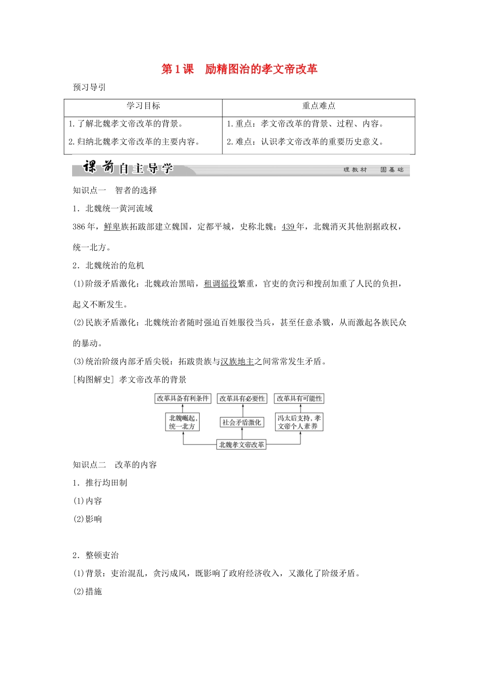高中历史 专题三 北魏孝文帝改革 3-1 励精图治的孝文帝改革学案 人民版选修1-人民版高二选修1历史学案_第1页