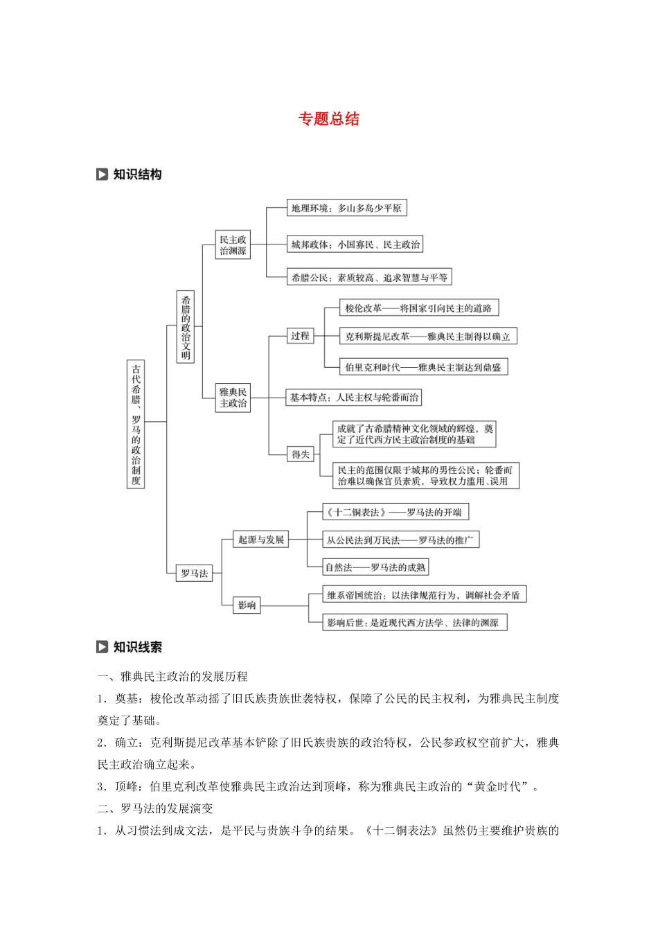 高中历史 专题六 古代希腊、罗马的政治文明专题总结学案（含解析）人民版必修1-人民版高一必修1历史学案_第1页