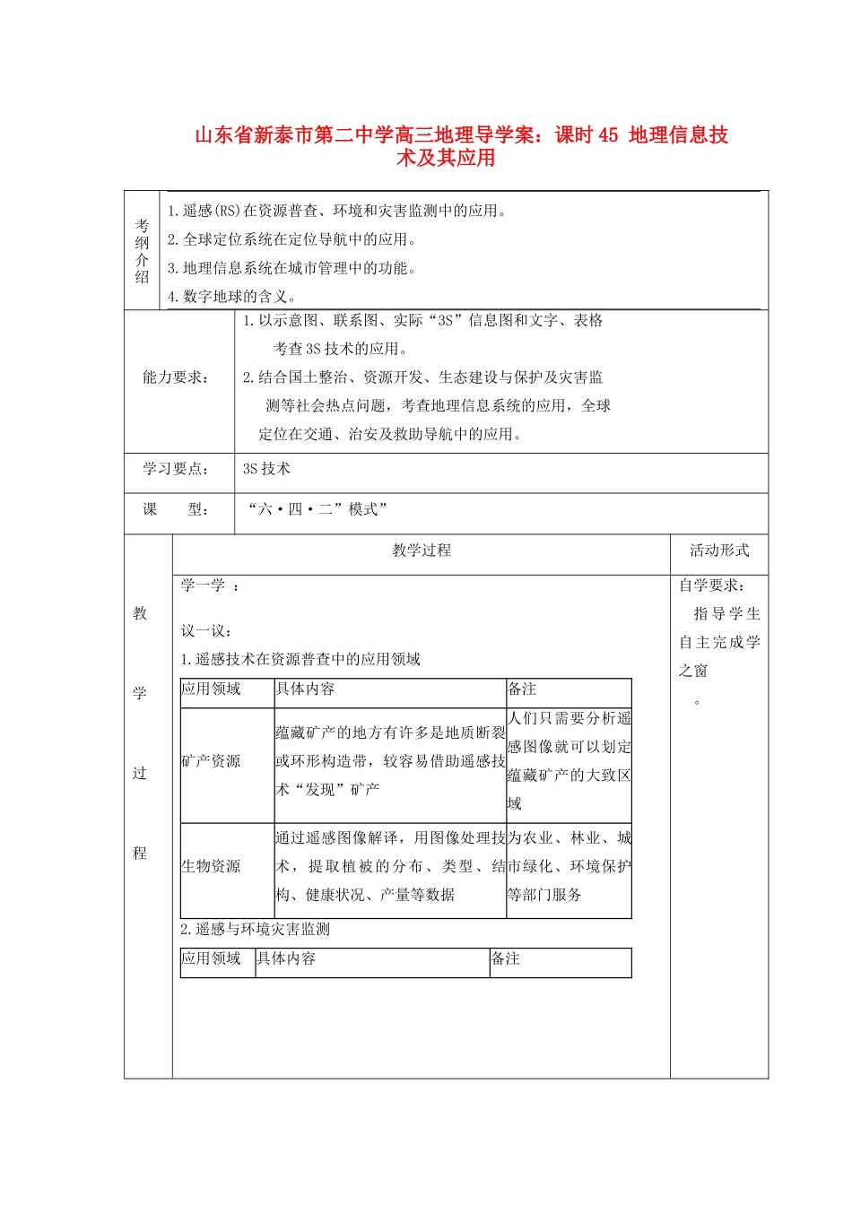 山东省新泰市第二中学高三地理 课时45 地理信息技术及其应用导学案_第1页