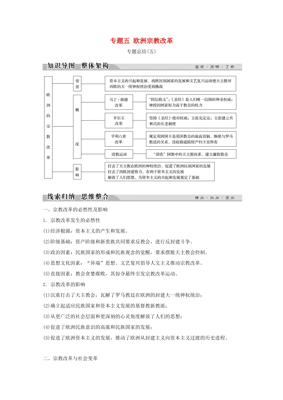 高中历史 专题五 欧洲宗教改革专题总结（五）学案 人民版选修1-人民版高二选修1历史学案_第1页