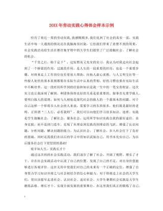 20XX年劳动实践心得体会样本示例 