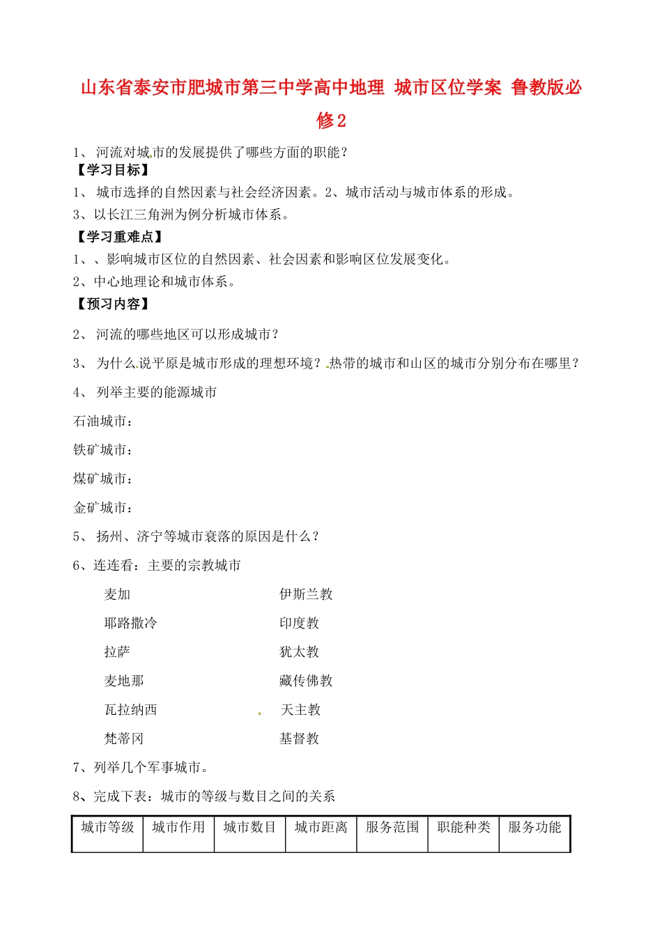 山东省泰安市肥城市第三中学高中地理 城市区位学案 鲁教版必修2_第1页