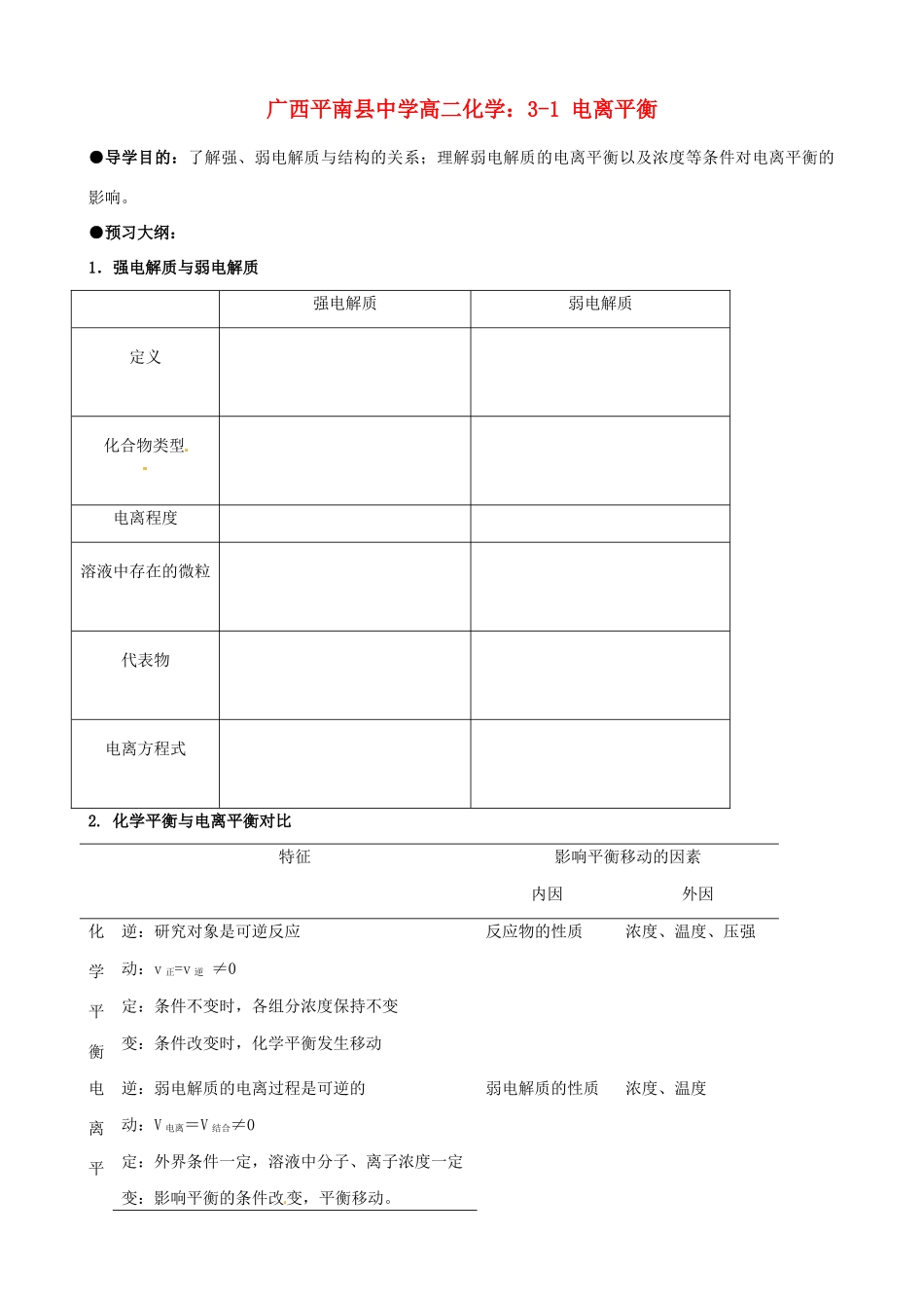 广西平南县中学高二化学 3-1 电离平衡导学案_第1页