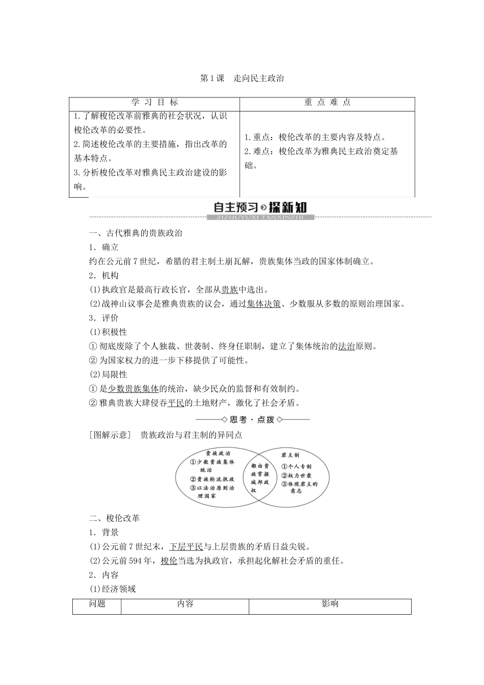 高中历史 第1单元 古代历史上的改革（上）第1课 走向民主政治学案 岳麓版选修1-岳麓版高二选修1历史学案_第1页