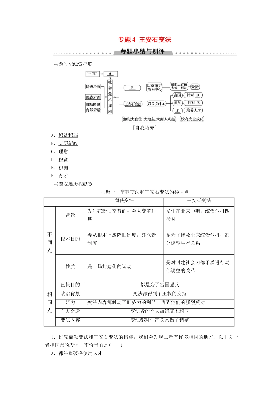 高中历史 专题4 王安石变法专题小结与测评学案 人民版选修1-人民版高二选修1历史学案_第1页