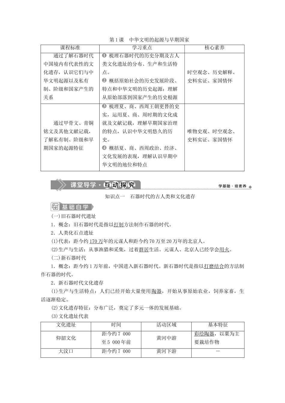 高中历史 第一单元 从中华文明起源到秦汉统一多民族封建国家的建立与巩固 第1课 中华文明的起源与早期国家学案 新人教版必修《中外历史纲要（上）》-新人教版高一必修历史学案_第1页