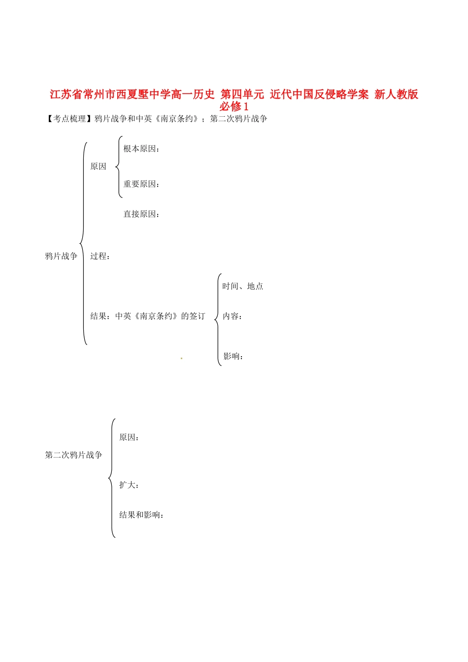 江苏省常州市西夏墅中学高中历史 第四单元 近代中国反侵略学案 新人教版必修1_第1页