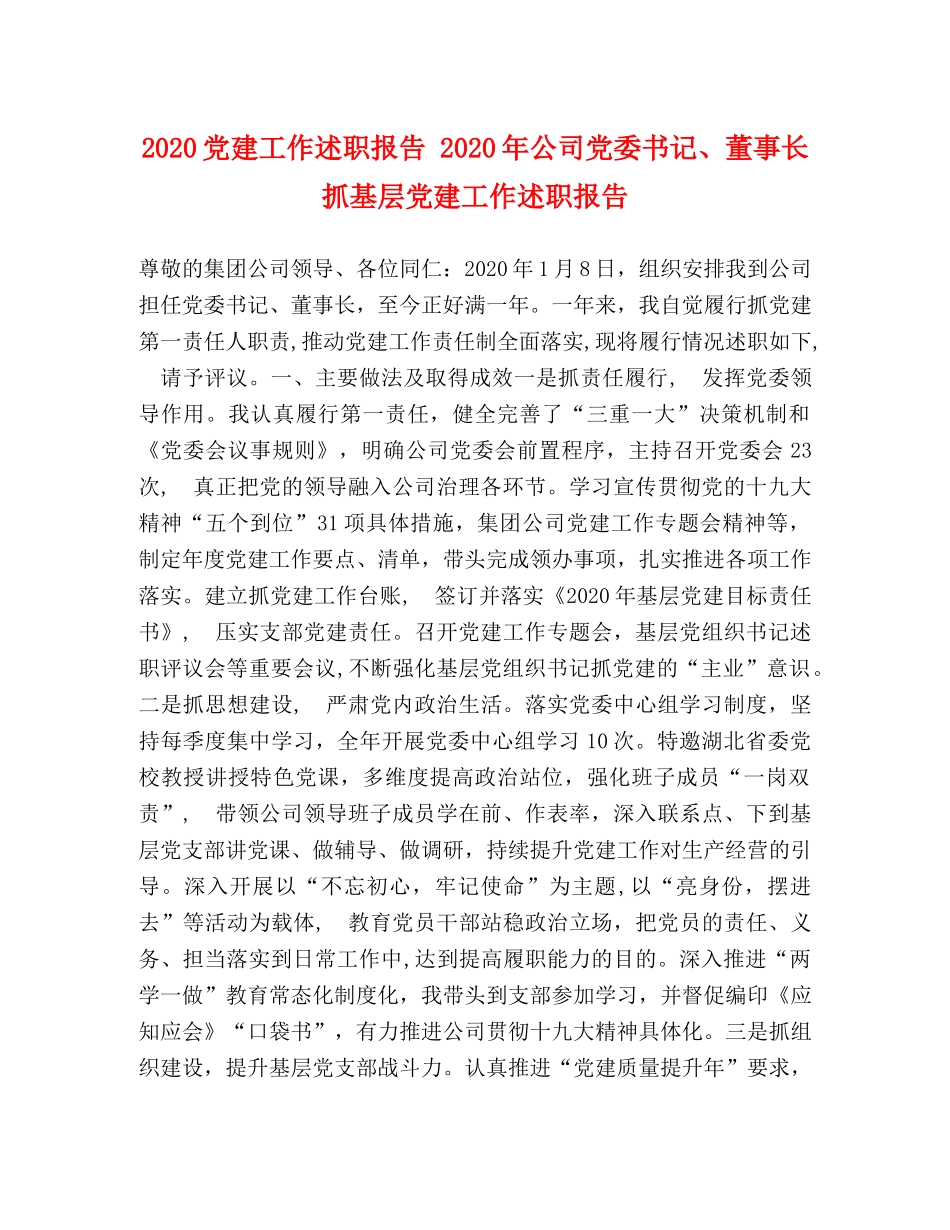 2024党建工作述职报告 2024年公司党委书记、董事长抓基层党建工作述职报告 _第1页