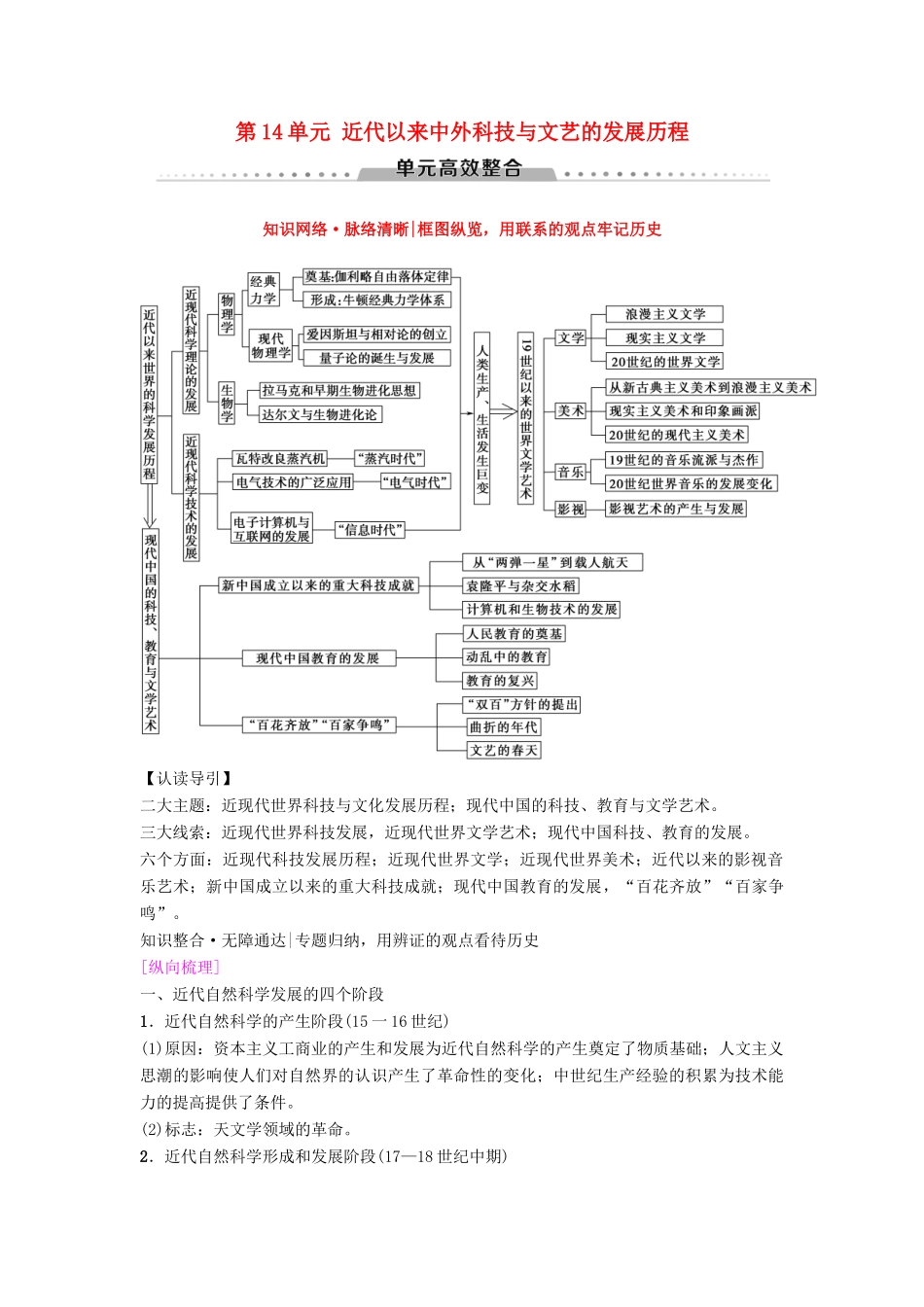 海南省高考历史一轮总复习 模块三 文化成长历程 第14单元 近代以来中外科技与文艺的发展历程单元高考整合学案-人教版高三全册历史学案_第1页
