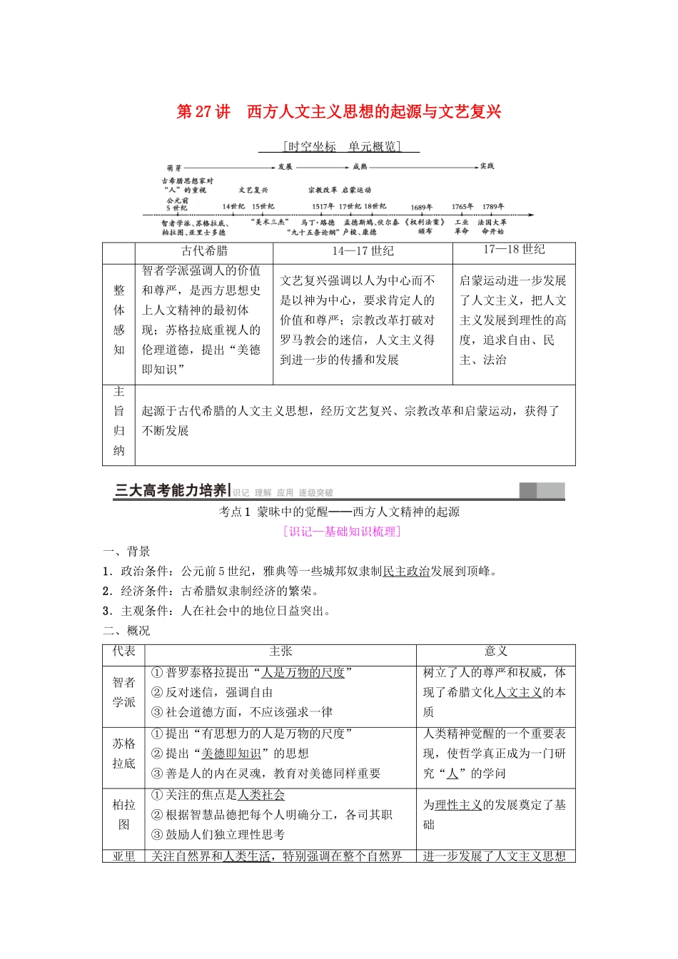 海南省高考历史一轮总复习 模块三 文化成长历程 第12单元 西方人文精神的起源及其发展 第27讲 西方人文主义思想的起源与文艺复兴学案-人教版高三全册历史学案_第1页