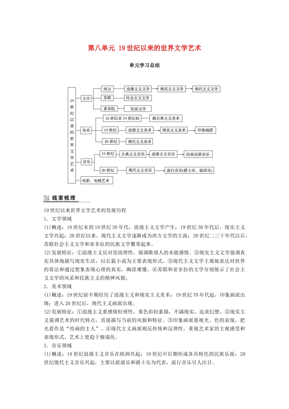 高中历史 第八单元 19世纪以来的世界文学艺术学习总结学案 北师大版必修3-北师大版高一必修3历史学案_第1页