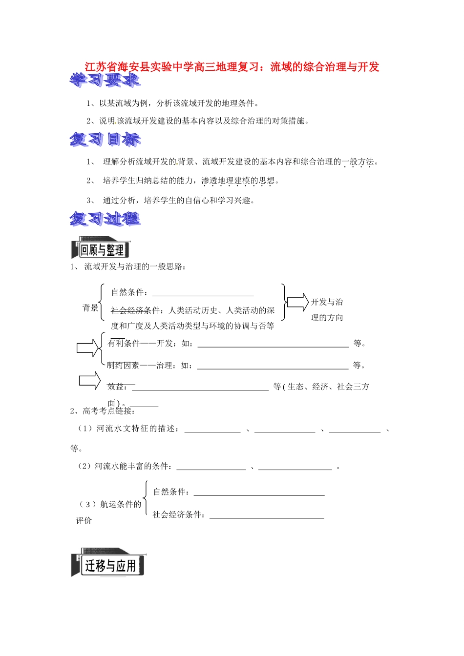 江苏省海安县实验中学高三地理 流域的综合治理与开发复习学案_第1页