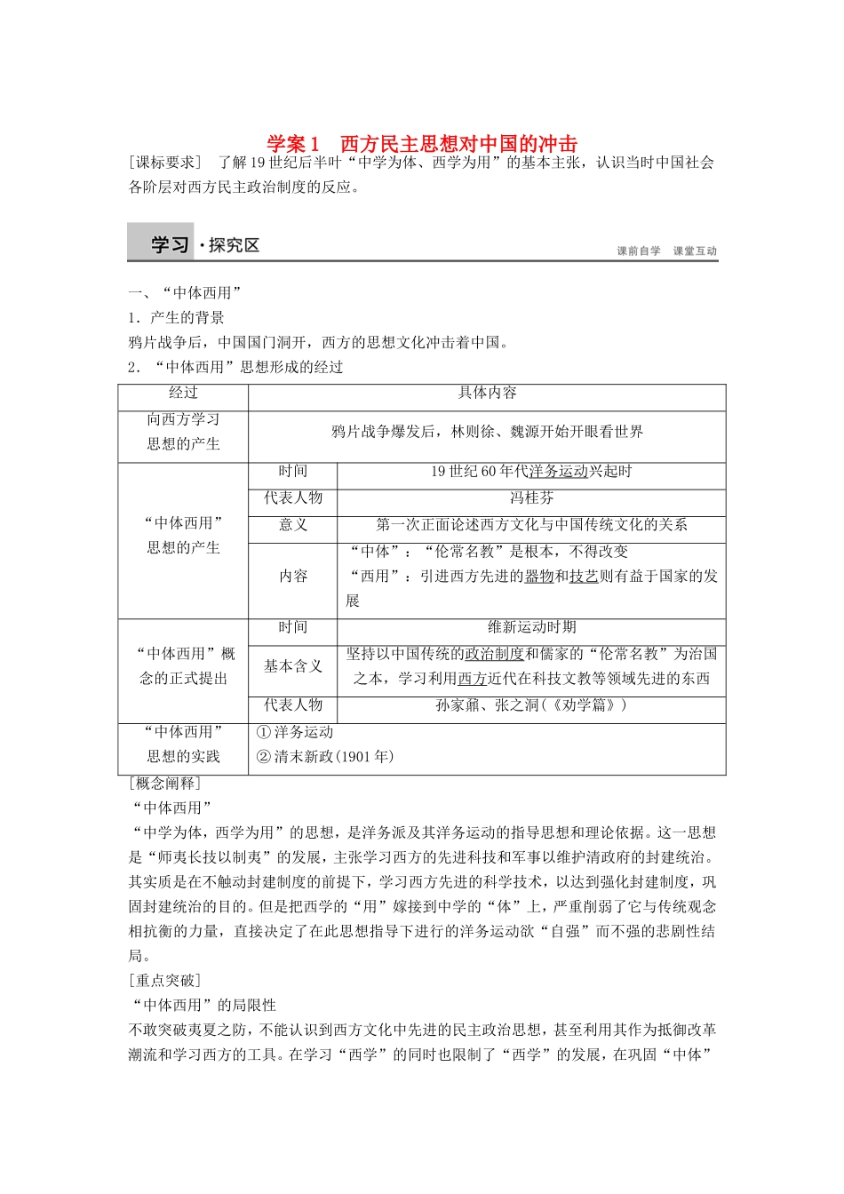 高中历史 6.1西方民主思想对中国的冲击学案 新人教版选修2-新人教版高二选修2历史学案_第1页