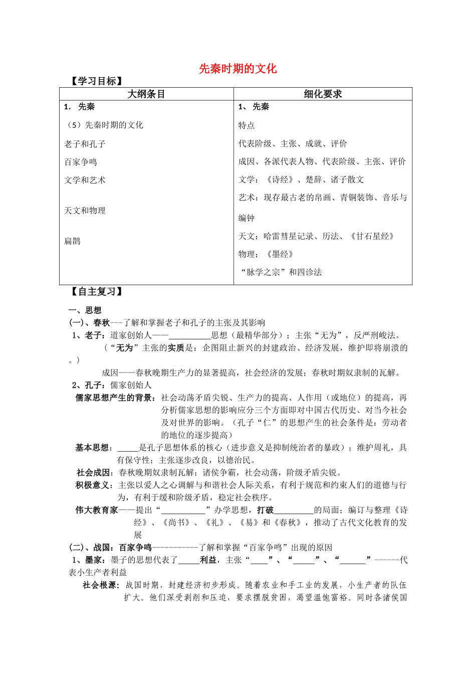 河北省存瑞中学高三历史 考点40先秦时期文化复习学案（中国古代史）_第1页