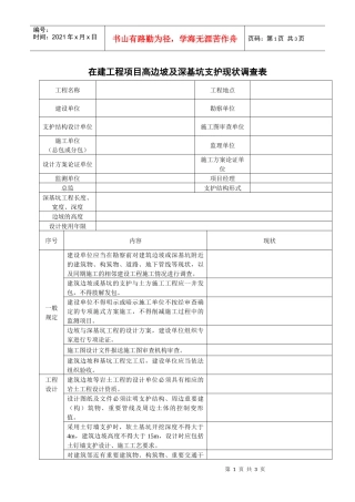 在建工程项目高边坡及深基坑支护现状调查表